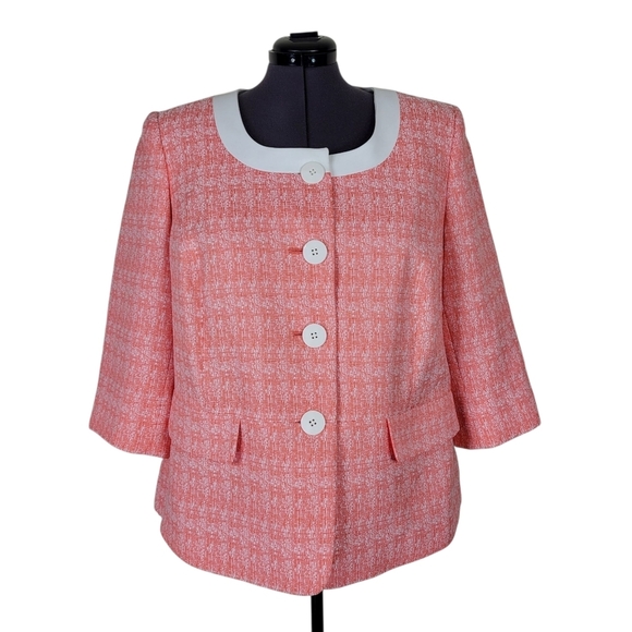 Le Suit Blazer Size 18W White Orange Tweed Square Neck Faux Pockets 3/4 Sleeve - Picture 1 of 10